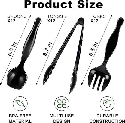 36Pcs Disposable Plastic Serving Utensils Set, 12 Black Spoons, 12 Forks, 12 Tongs, 9-Inch for Party Buffet Catering Events, Heavy Duty and Ergonomic Design (Black)