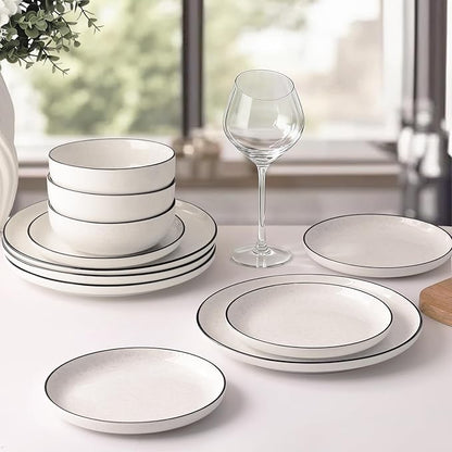 Plates and Bowls Sets for 4,12 Pieces Ceramic Dish set, White Dinnerware Set for Kitchen, Modern Design Plate Sets with Black Rim, Microwave and Dishwasher Safe