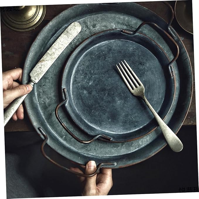 Alipis 1pc Retro Food Serving Tray Handle Silver Decorative Storage Platter for Home and Restaurant Multi-purpose Iron Tray for Snacks Desserts and Fruits