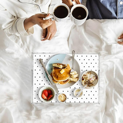 Serving Tray with Handles Clear Acrylic Tray 12x16 Inch Decorative Rectangular Tray Organizer for Ottoman Coffee Table Bathroom Black Polka Dot White