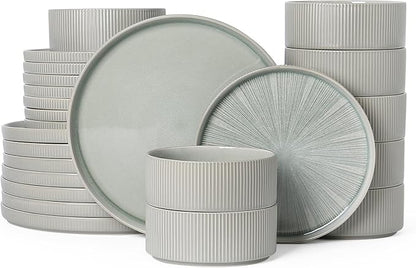 Dinnerware Sets for 8, Ceramic Plates and Bowls Set 24 Piece Dinnerware Chip Resistant Stoneware, Dishwasher and Microwave Safe-green