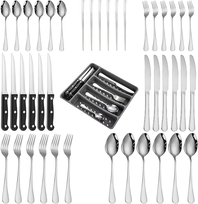 Silverware Set with Organizer and Chopsticks- 49 Pieces, Premium Stainless Steel Flatware Set, Heavy Duty Cutlery Set for 6, Dishwasher Safe Premium Kitchen Utensils, BANZOO Serving Utensils
