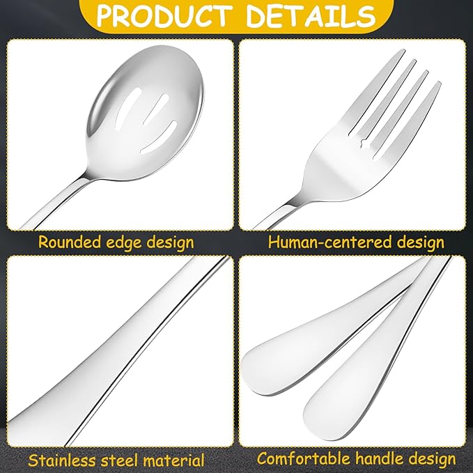 12 Pcs Silver Serving Utensils Set Include Stainless Steel Large Serving Spoons Slotted Spoons Forks Soup Ladle Pie Server - Metal Utensils for Parties Buffet Catering, Dishwasher Safe