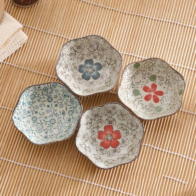 Dinner Plates Appetizer Plates Japanese Style Soy Sauce Dishes Set of 6, Household Ceramic Flower Dishe Serving for Dumpling, Side Dish, Sushi Bowl Sets，D