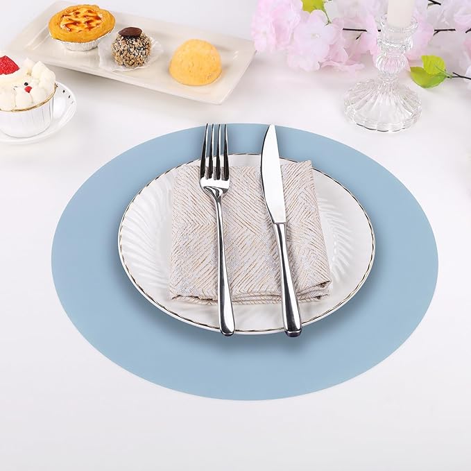 SHACOS 100 PCS Round Paper Placemats 13 inch Disposable Paper Place Mats for Dinner Wedding Birthday Party Festival Table Decoration Indoor Outdoor, Dusty Blue
