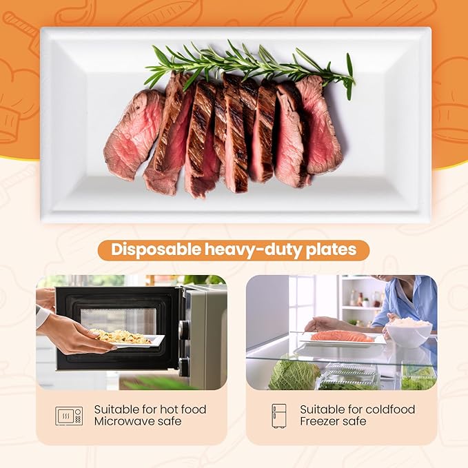 Hotop Disposable Rectangle Plates White Rectangle Serving Platter Heavy Duty Sugarcane Bagasse Plate for Outdoor Indoor Parties Serve Meals Snacks Deserts Fruits (500 Pieces), Large