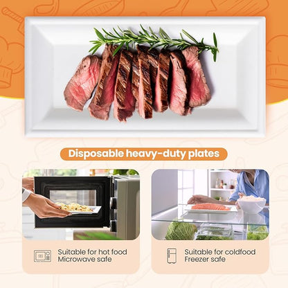 Hotop Disposable Rectangle Plates White Rectangle Serving Platter Heavy Duty Sugarcane Bagasse Plate for Outdoor Indoor Parties Serve Meals Snacks Deserts Fruits (500 Pieces), Large