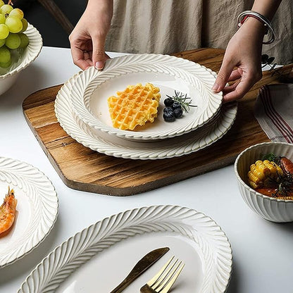 Dinnerware Set Dinner Party Tableware Service Set Ceramics Dinner Sets, 25 Pieces White Glaze Porcelain Dinnerware Set for Wedding Gifts | Retro Relief Cereal Bowl and Steak Plate Set