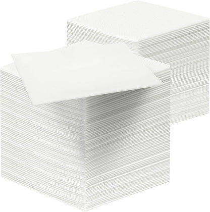 White Linen-Feel Beverage Napkins - 200PCS Disposable Cocktail Napkins, Soft & Absorbent, 1/4 Fold, 5" x 5" White Napkins Cloth for Bar, Café, Party, Wedding Or Event