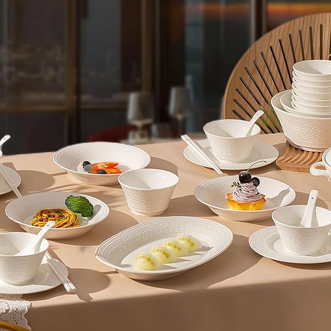 White Dinnerware Sets for 8 Dinner Plates 24 31 38 46 62pcs Plates And Bowls Sets Simple Style Dishware Sets Kitchen Dishes Set Dinner Set for Family Gatherings Dishwasher&Microwave Safe(38pcs)