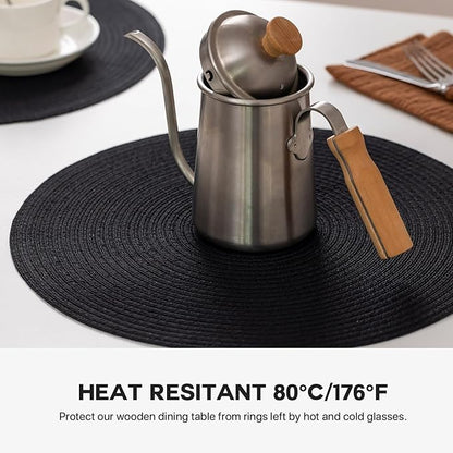 Round Placemats Set of 12 Woven Placemats Washable Braided Table Mats for Dining Table Heat Resistant Non-Slip Circle Place Mats(Black)