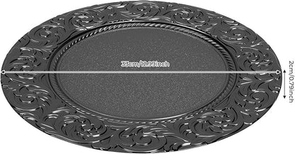 100Pcs Round Charger Plates, 13 Inch Reusable Serving Plates with Embossed Rim, Elegant Decorative Flower Relief Carving Chargers, Charger Plates Bulk for Wedding Party Event Decoration (Black)
