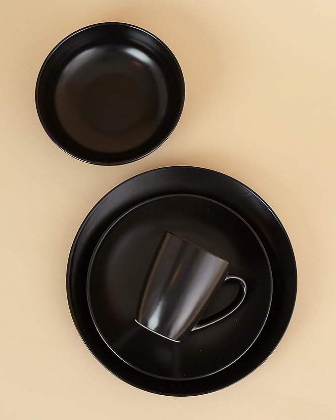 Euro Ceramica Euro Essential Collection 16 Piece Dinnerware Set, Service for 4, Solid Semi-Matte Black