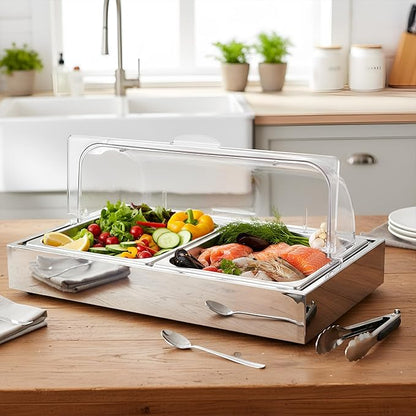 Uiifan Salad Bar Buffet Station for Home, Ice Food Serving Display Tray with Clear Roll Top Cover, Cold Food Buffet Server Trays with Clamps Spoons Ice Box for Restaurant Kitchen Party(2 Pans)