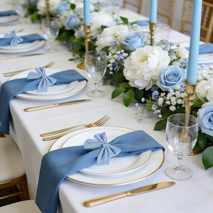 12 Pcs Dusty Blue Bow Napkin Rings,Wedding Napkin Rings,Velvet Napkin Ring Holders for Holiday Serviette Birthday Anniversary Party Dinner Wedding Dining Tableware Decoration