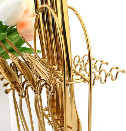 24-Piece Mirror Gold Cutlery Set, Snplowum Stainless Steel Flatware Hanging Tableware Silverware Set Include Knife/Fork/Spoon/Teaspoon and Storage Rack For Daily Use, Service For 6