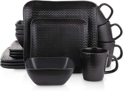 Stone Lain 16 Piece Stoneware Dinnerware set, Square, Weave, Black