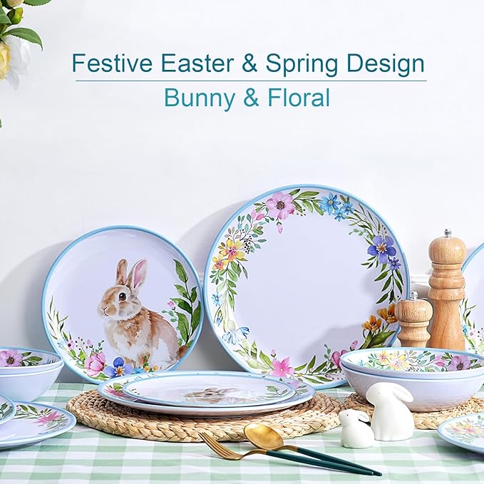 12PCS Melamine Dinnerware Set, Bunny & Floral Outdoor Dinnerware Set for 4, Unbreakable Easter Plates and Bowls for Camping, Patio Dining, Family Meals, Ideal for Rabbit Lovers & Home Decor