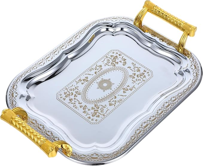 Antique Look Serving Tray Stainless Steel Handles Versatile Dishes for Home Decor
