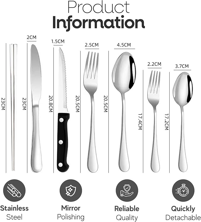 Silverware Set with Organizer and Chopsticks- 49 Pieces, Premium Stainless Steel Flatware Set, Heavy Duty Cutlery Set for 6, Dishwasher Safe Premium Kitchen Utensils, BANZOO Serving Utensils