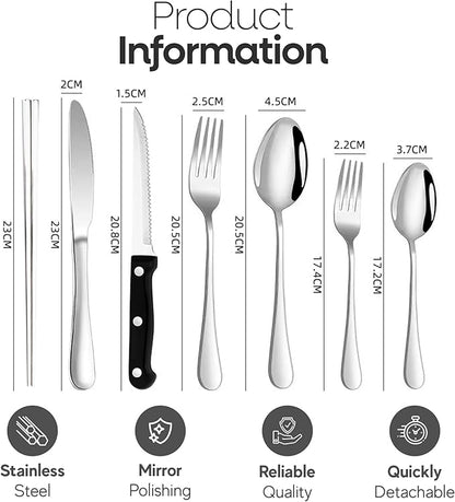 Silverware Set with Organizer and Chopsticks- 49 Pieces, Premium Stainless Steel Flatware Set, Heavy Duty Cutlery Set for 6, Dishwasher Safe Premium Kitchen Utensils, BANZOO Serving Utensils