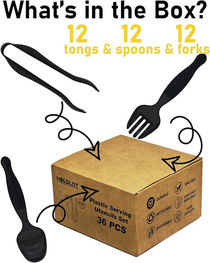 Plastic Serving Utensils 36PCS, Disposable Serving Utensils for Buffets Events Parties - 12 Sets of Heavy Duty Plastic Serving Spoons, Forks, Tongs for Wedding/Birthday/Catering Events (Black)
