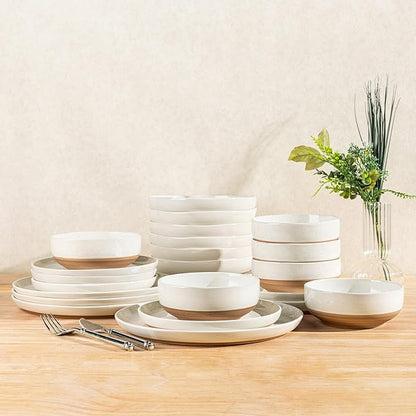 GBHOME 24-Piece Ceramic Dinnerware Set for 6, Handpainted Plates, Pasta Bowls & Bowls Set with Rustic Terracotta Underside, Scratch-Resistant, Dishwasher & Microwave Safe,Speckled Glaze Beige