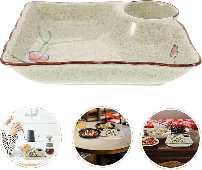 TOYANDONA Hand-painted Ceramic Dumpling Plate with Sauce Divider, Japanese Style round Sushi Serving Tray, Food Platter for Dining and Entertaining