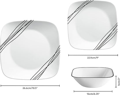 Corelle Dinnerware Set (12pc, Simple Sketch)-Dinner for 4 Includes x: Dinner Plates, Side & Bowls 3 X More Durable, Half The Space Weight of Ceramic up to 80% Recycled Glass, 1146920