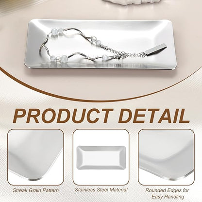 uxcell Decorative Tray, 5.9x3 Stainless Steel Rectangular Frosted Serving Tray for Dessert Napkin Towel Candle Jewelry Bathroom Platter, Stackable, Silver