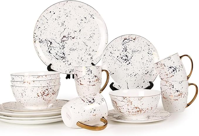 KOKEN - Plates and Bowls Sets for 4, Dinnerware Sets 16 Pc, Ceramic Dish Set, Round Dinner Set with Mugs, Dishwasher Microwave Safe, kitchen sets, Dishes set for 4 Christmas (Gold Christmas dinner)