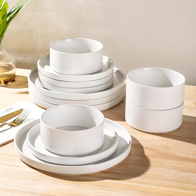 GBHOME Ceramic Dinnerware Sets for 4,Stoneware Plates and Bowls Sets,Chip and Crack Resistant | Dishwasher & Microwave Safe Dishes Set,Scratch Resistant- Service for 4 (12pc)- Snow White