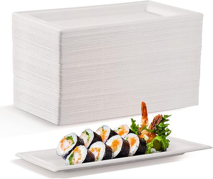 Hotop Disposable Rectangle Plates White Rectangle Serving Platter Heavy Duty Sugarcane Bagasse Plate for Outdoor Indoor Parties Serve Meals Snacks Deserts Fruits (200 Pieces)