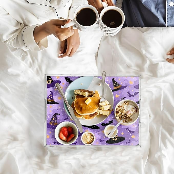 Serving Tray with Handles Clear Acrylic Tray 12x16 Inch Decorative Rectangular Tray Organizer for Ottoman Coffee Table Bathroom Purple Wizard Hats Bats and Stars