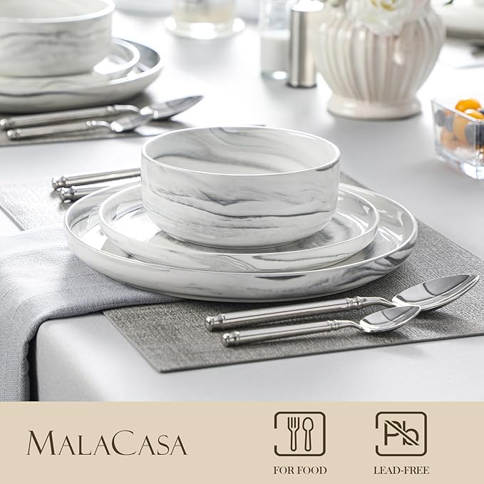 MALACASA Plates and Bowls Sets, 12 Pieces Porcelain Dinnerware Sets Dishware Sets Chip Resistant Ceramic Dish Set Dining Dinner Ware Service for 4, Marble Grey, Series LUNA