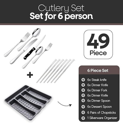 Silverware Set with Organizer and Chopsticks- 49 Pieces, Premium Stainless Steel Flatware Set, Heavy Duty Cutlery Set for 6, Dishwasher Safe Premium Kitchen Utensils, BANZOO Serving Utensils