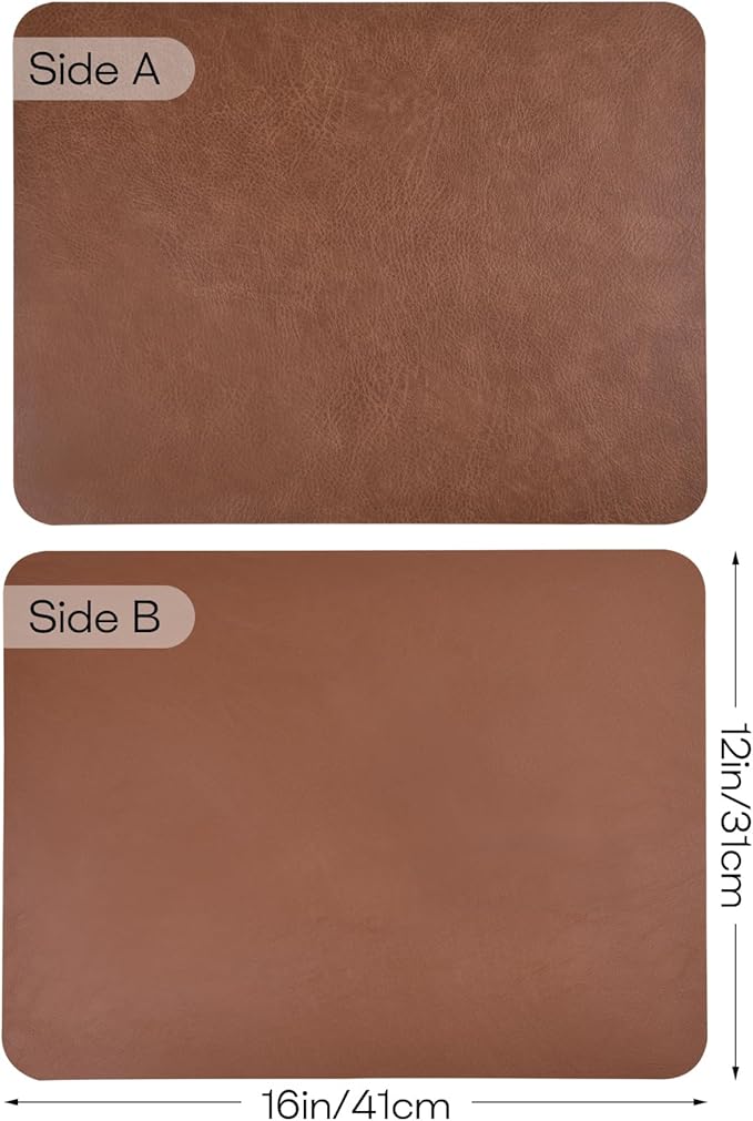 Faux Leather Placemats Set of 6, Vinyl Placemats Wipeable Waterproof Oil-Proof Table Mats, Heat Resistant Place Mats, Table Mats for Kitchen Indoor Outdoor, 15.8 x 11.8 Inch (Brown)
