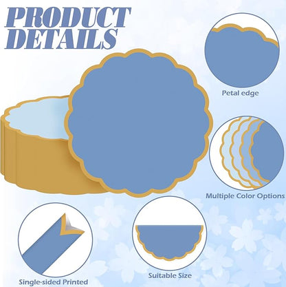 100 Pcs Dusty Blue Paper Placemats 13.5 Inch Disposable Scalloped Colorful Pastel Round Table Place Mats with Gold Edges, Decorative Colors Mats for Birthday Wedding Baby Shower Banquet Tea Party
