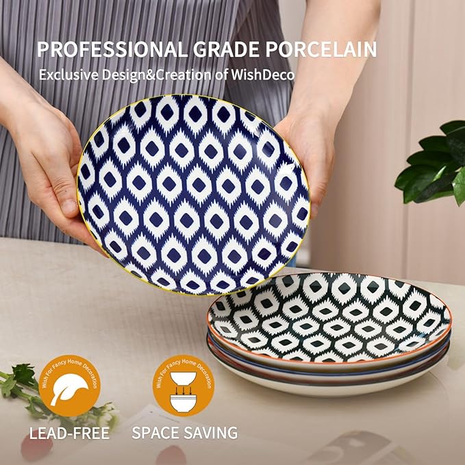 Large Appetizer Plates Set of 4, Colorful Dessert Plates 8 Inch, Ceramic Salad Plate, Small Round Dinner Plate, Beautiful Serving Dishes for Pasta, Snack, Fruit, Microwave & Dishwasher Safe