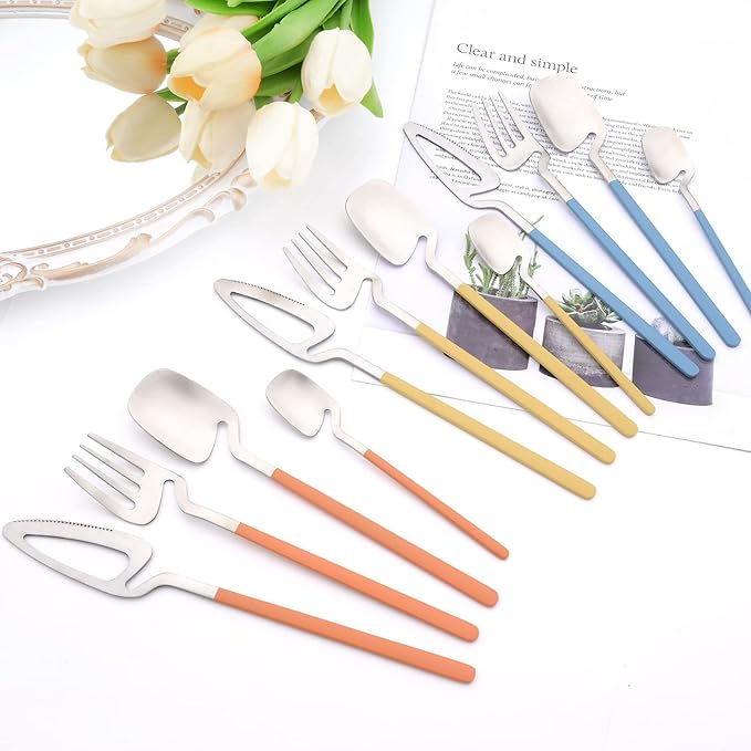 24pcs Household Cutlery Set, Matte Metal 18/10 Stainless Steel kitchen Utensils With Nice Coloured Handles For 6 People, Gift Box Packaged (Orange Silver)