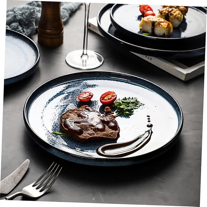 Blue Ceramic Plate Round Serving Dish for Steak and Western Cuisine Food-Grade Ceramic Tableware Unique Dinnerware for Restaurants and Home Use
