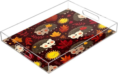 Serving Tray with Handles Clear Acrylic Tray 12x16 Inch Decorative Rectangular Tray Organizer for Ottoman Coffee Table Bathroom Autumn Leaves Hedgehogs Brown