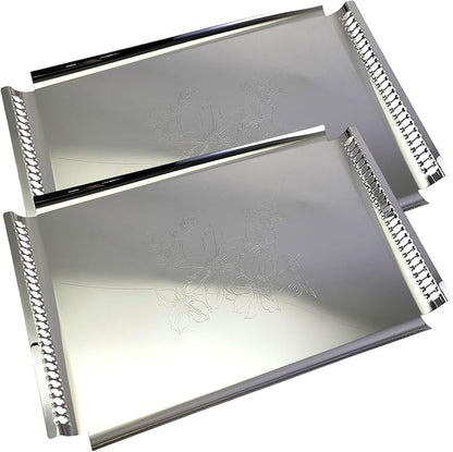 (Pack of 2 18.9 inch x 11.9 inch Rectangular Chrome Plated Silver Serving Tray with Handles Stylish Floral Engraved Party Wedding Dessert Buffet Decor Platter Plate NC-113