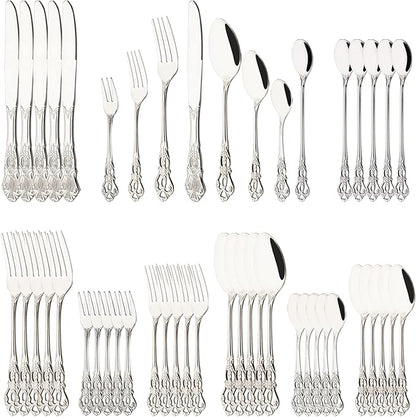 Shiny Silver 48-Piece Family Cutlery Set 18/0 Stainless Steel Fancy Flatware Set Service for 6 Luxury Retro Metal Forks Knives Spoons Silverware Set Mirror Polished
