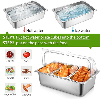 2 Pack Countertop Food Serving Display Container Stainless Steel Food Serving Tray Buffet Condiment Dispenser Display Rack with Clear Roll Top Cover for Buffet (3 Pan and 6 Pan)