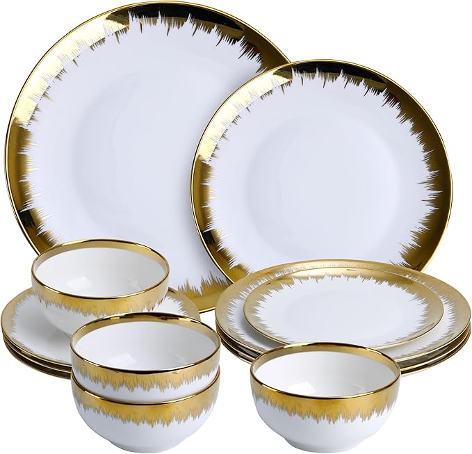 12 Pieces Plates and Bowls Sets,Porcelain Round Dinner Plates Dishes Set with Gold Rim for 4, White bone china Plates and Bowls, Dishwasher Safe and Scratch Resistant, Luxury Tableware Set