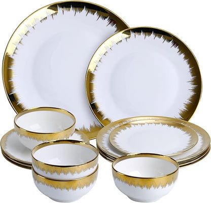 12 Pieces Plates and Bowls Sets,Porcelain Round Dinner Plates Dishes Set with Gold Rim for 4, White bone china Plates and Bowls, Dishwasher Safe and Scratch Resistant, Luxury Tableware Set