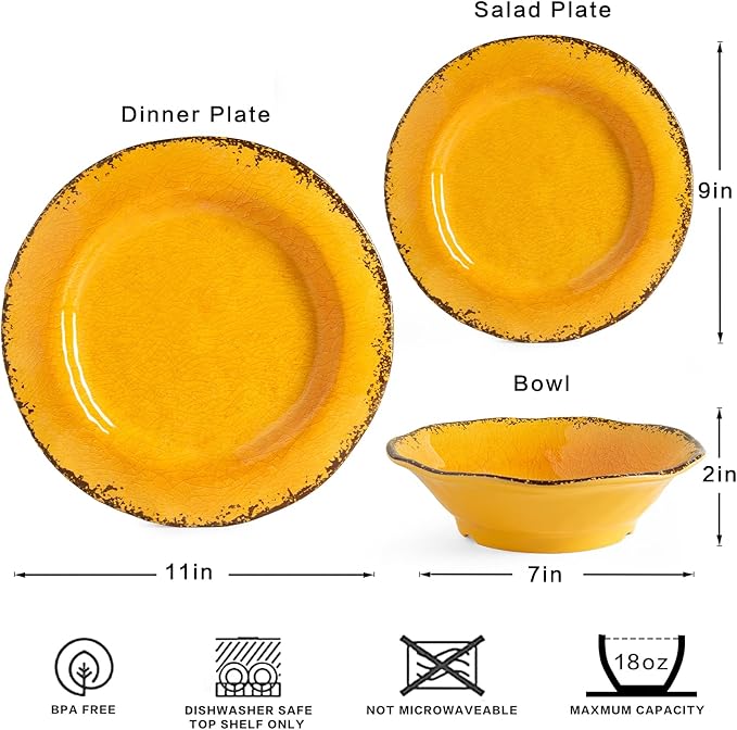 LEHAHA Melamine Dinnerware Sets, Outdoor Use Harvest Dinner Plates and Bowls Sets, Great for RVs Camping, Light Weight and Unbreakable 12 Piece Dishes Dinnerware Set for 4, (Gold)