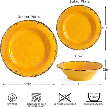 LEHAHA Melamine Dinnerware Sets, Outdoor Use Harvest Dinner Plates and Bowls Sets, Great for RVs Camping, Light Weight and Unbreakable 12 Piece Dishes Dinnerware Set for 4, (Gold)