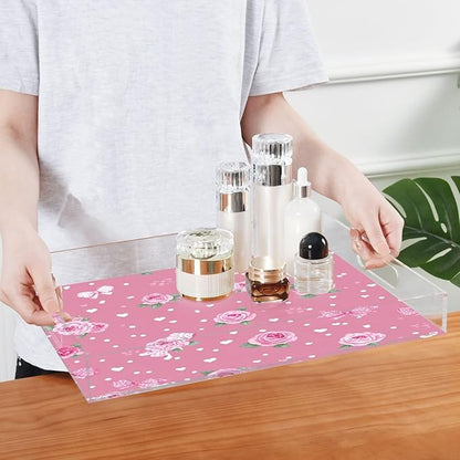 Serving Tray with Handles Clear Acrylic Tray 12x16 Inch Decorative Rectangular Tray Organizer for Ottoman Coffee Table Bathroom Pink Valentine Heart Roses Bows